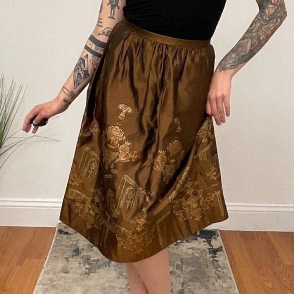 Herve Leger High Waist Pleated Floral Midi Skirt Back Zip Size 2 Brown Gold